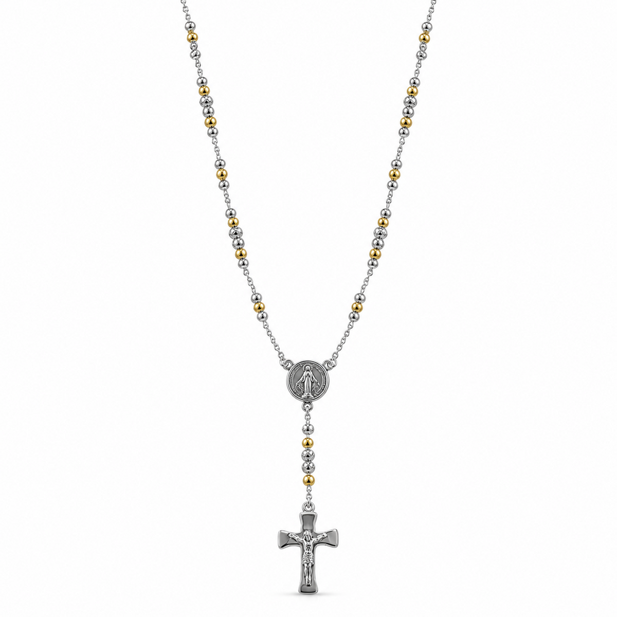 Two-tone silver and gold rosary necklace with a round Virgin Mary medallion