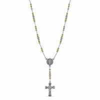 Two-tone silver and gold rosary necklace with a round Virgin Mary medallion