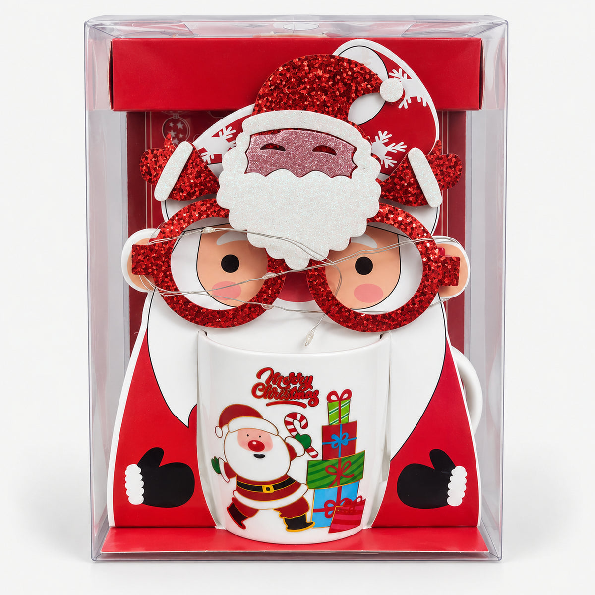Christmas mug with white Santa and gift stack design and party glasses in a gift box