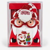Christmas mug with white Santa and gift stack design and party glasses in a gift box