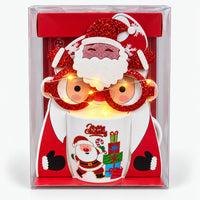Christmas mug gift box with white Santa and gift stack design and light-up glasses switched on