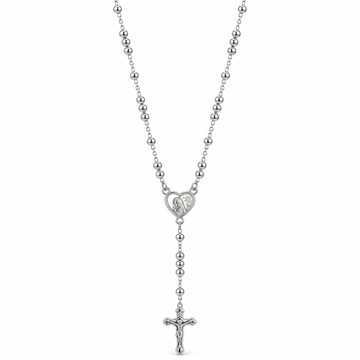 Silver rosary necklace with a heart-shaped Virgin Mary medallion and cross
