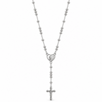 Silver rosary necklace with a heart-shaped Virgin Mary medallion and cross