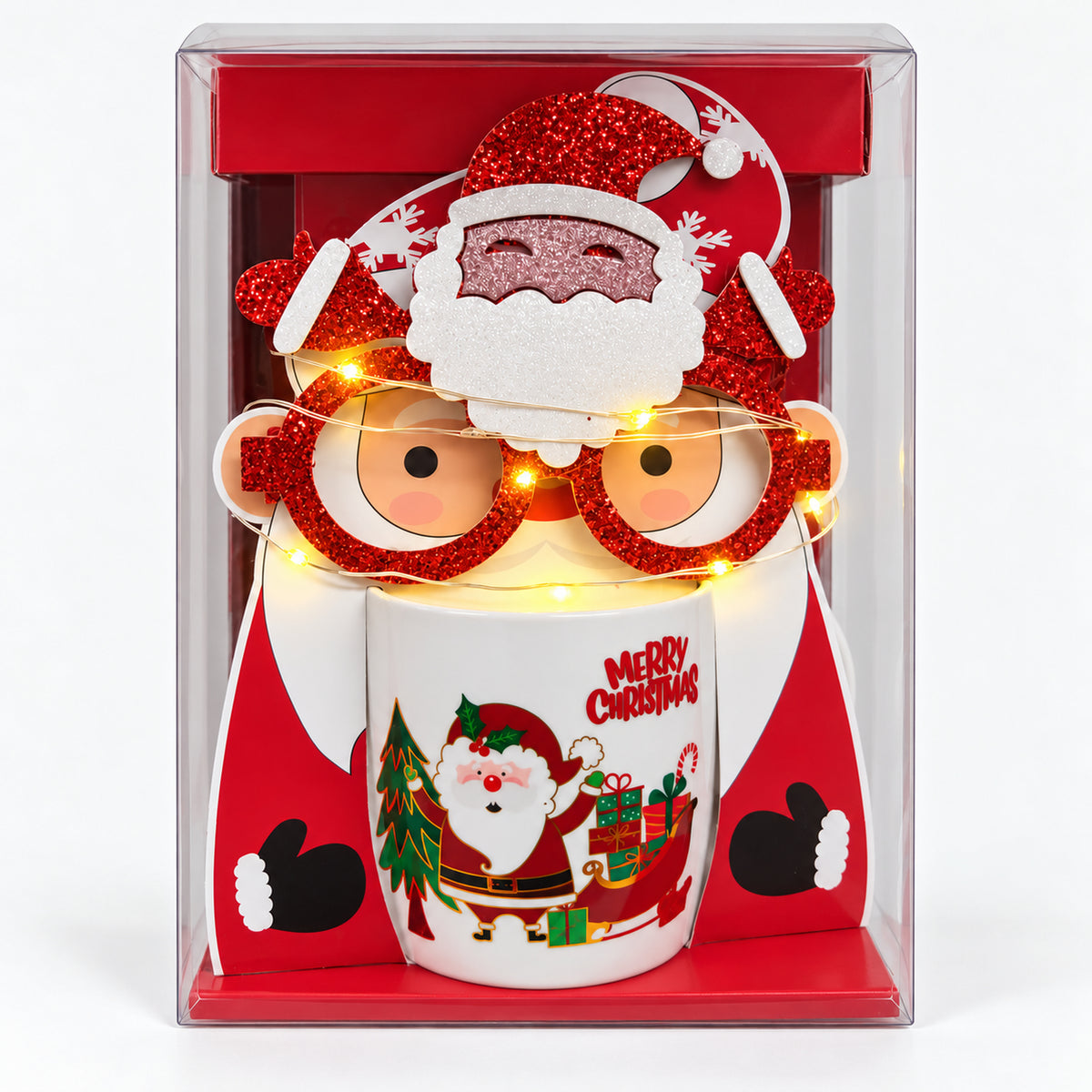 Christmas mug gift box with white Santa and sleigh design and light-up glasses switched on