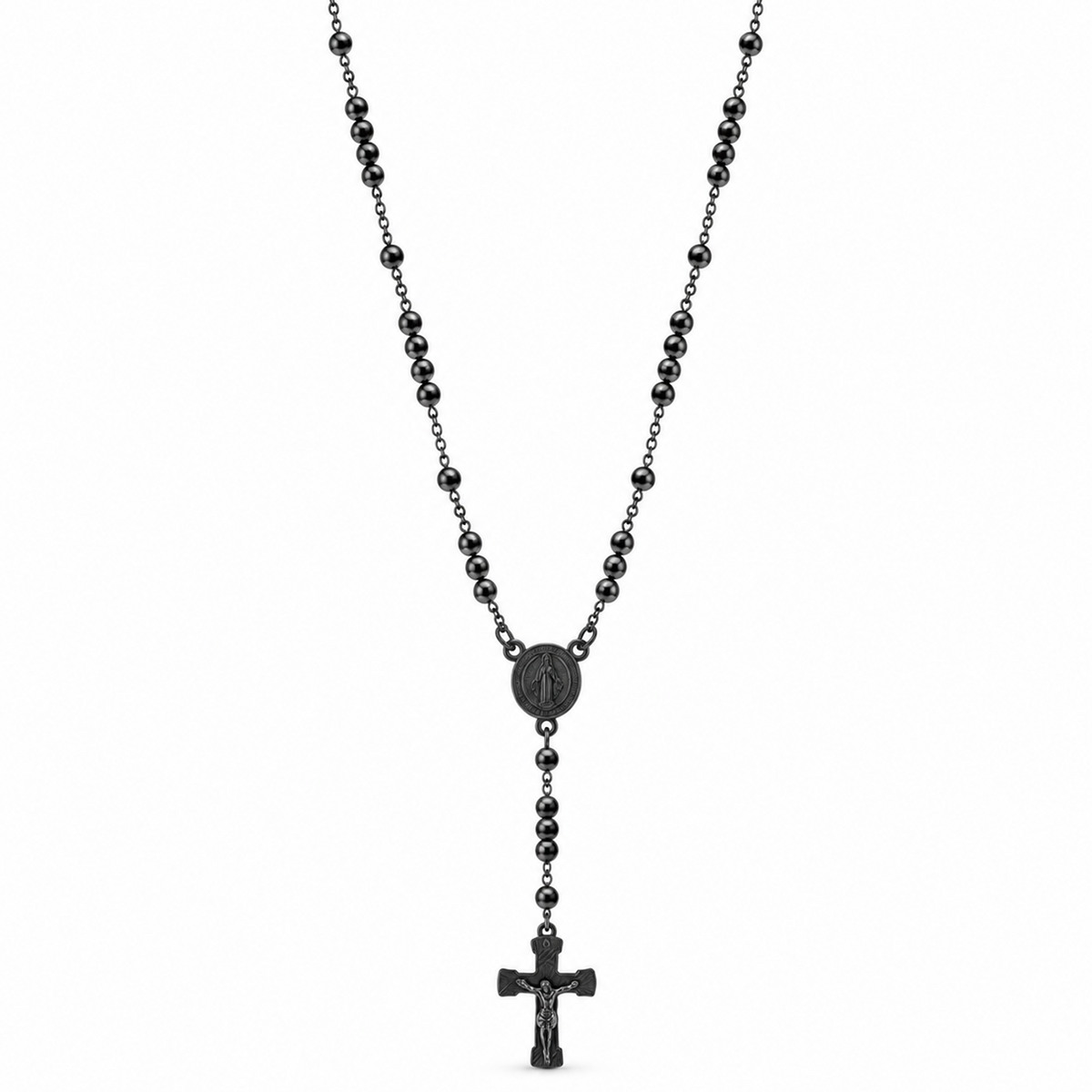 All black metal rosary necklace with a black crucifix