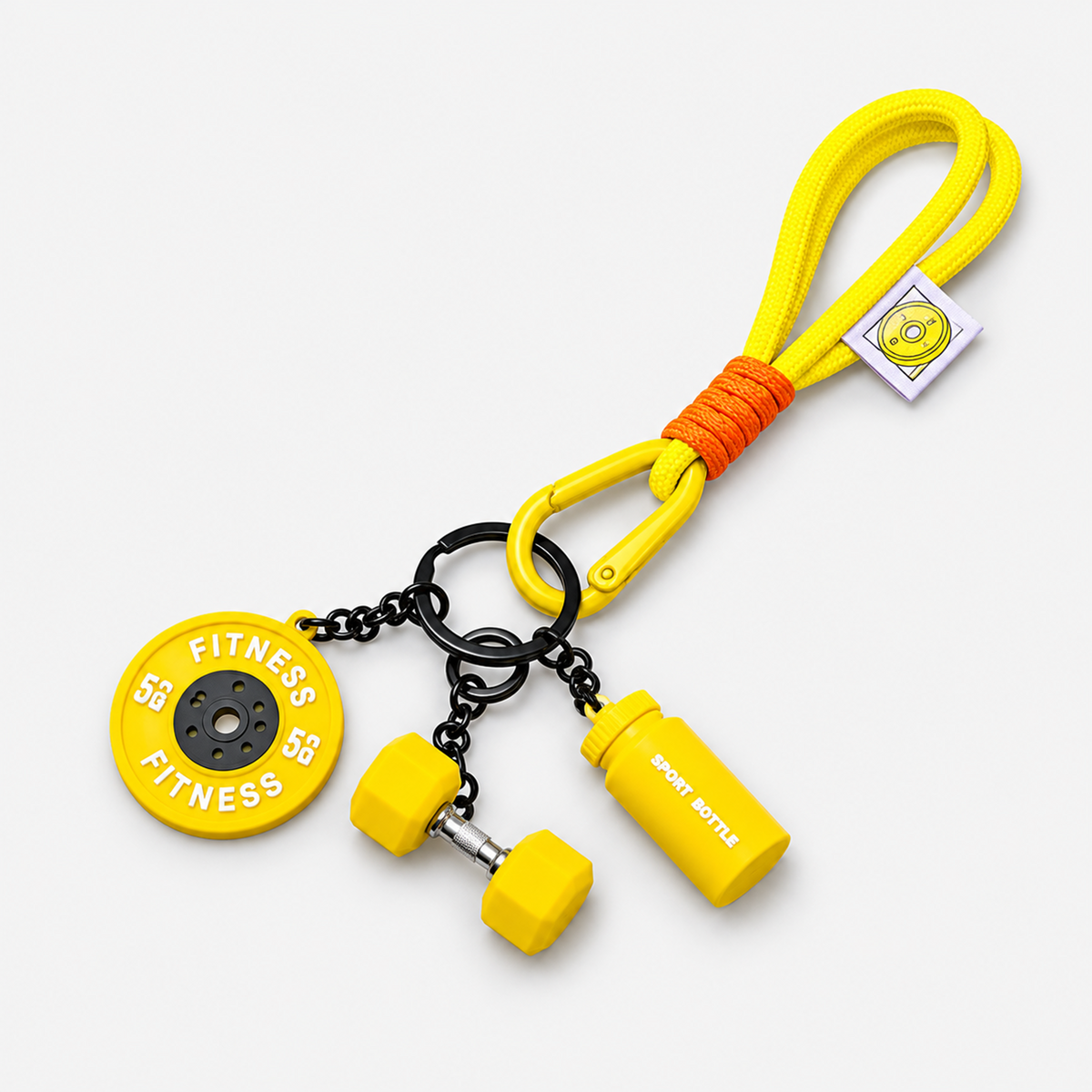 Yellow gym fitness keychain with mini dumbbell, weight plate and shaker bottle