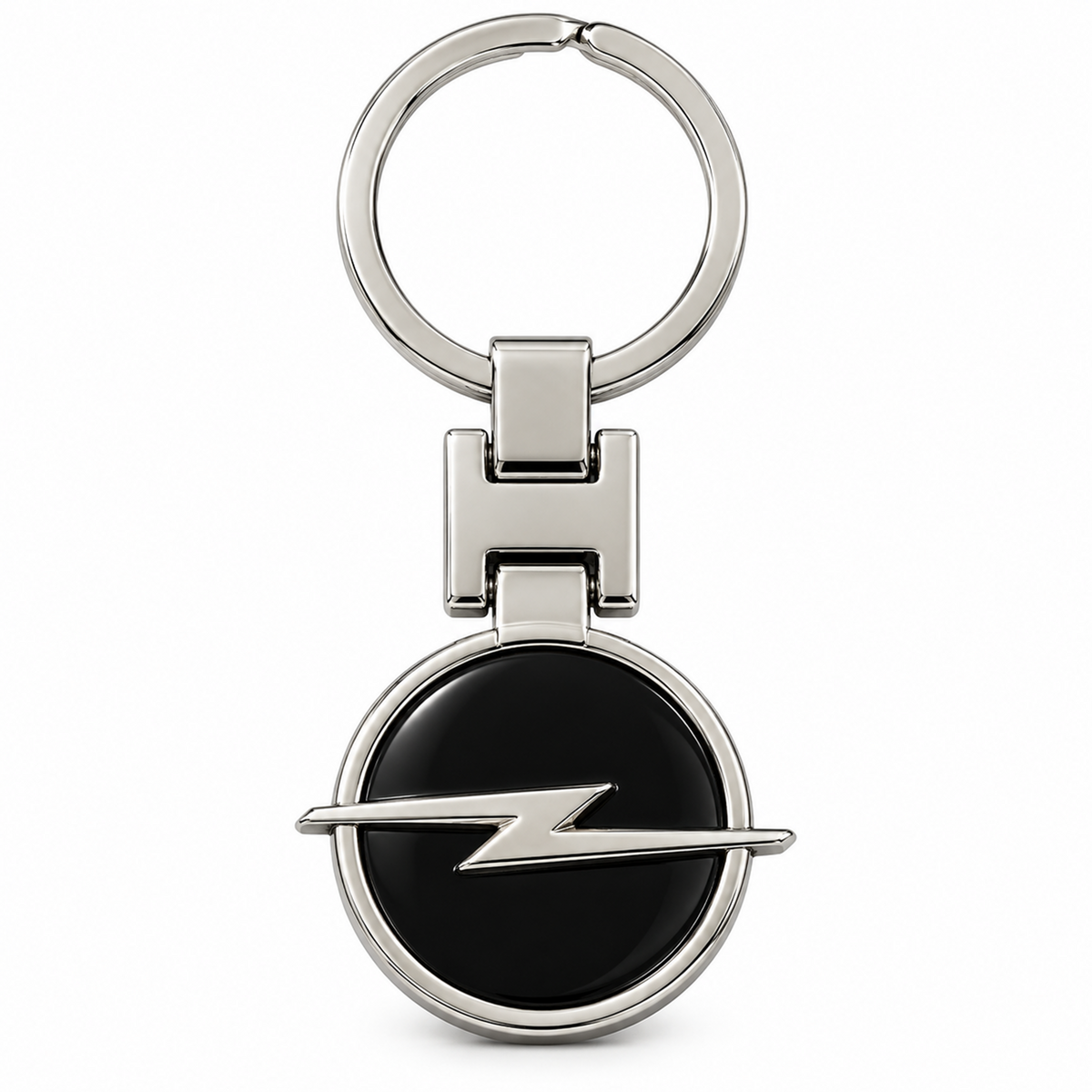 Metal car logo keychain with a black lightning bolt logo