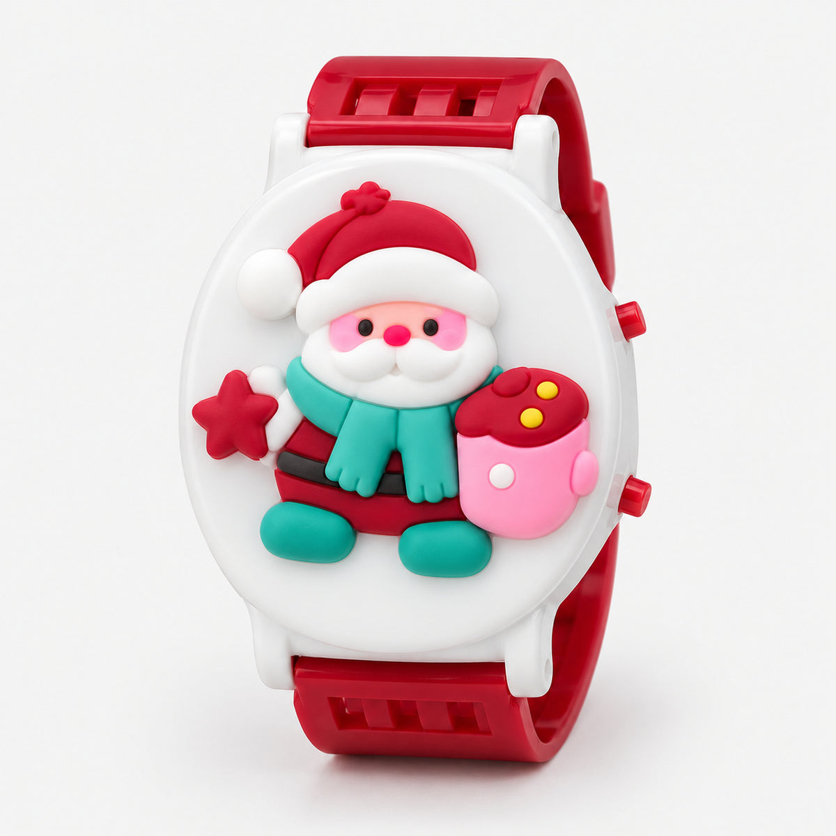 Kids' Santa Christmas watch with a teal scarf and pink mug, red strap