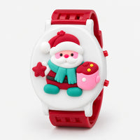 Kids' Santa Christmas watch with a teal scarf and pink mug, red strap