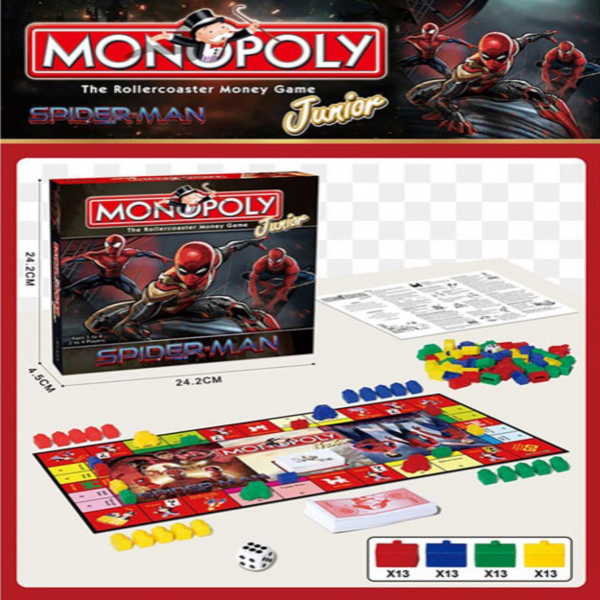 Monopoly Junior Spider-Man board game box, board and pieces