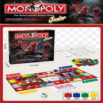 Monopoly Junior Spider-Man board game box, board and pieces