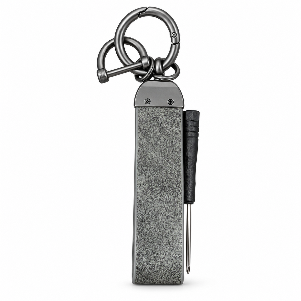Grey suede genuine leather keychain with titanium clip