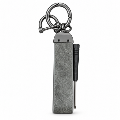Grey suede genuine leather keychain with titanium clip