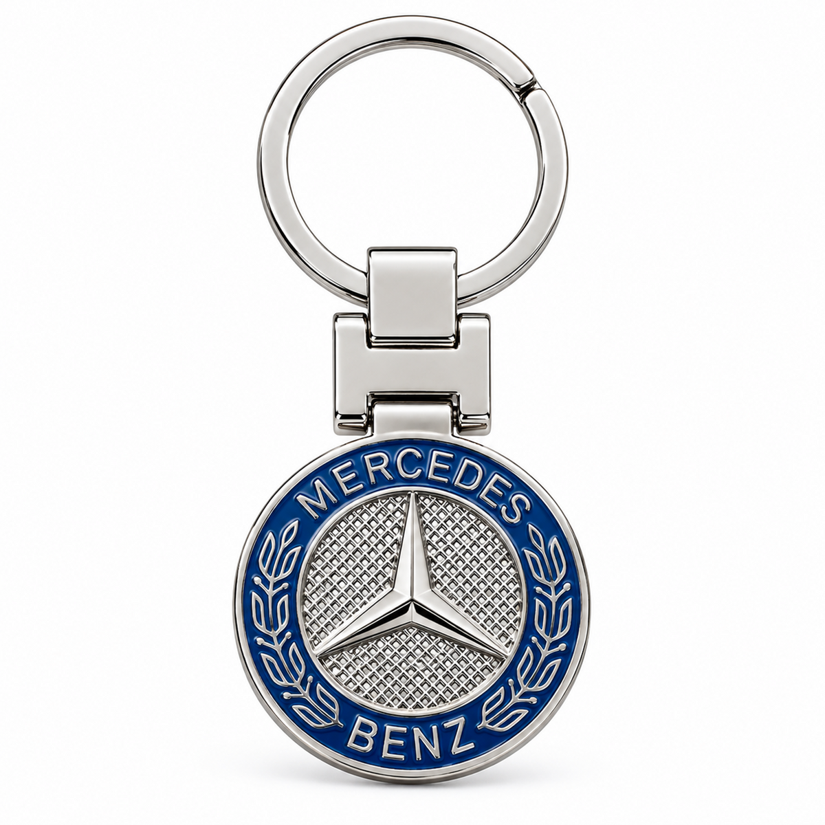 Metal car logo keychain with a round blue three-pointed star logo