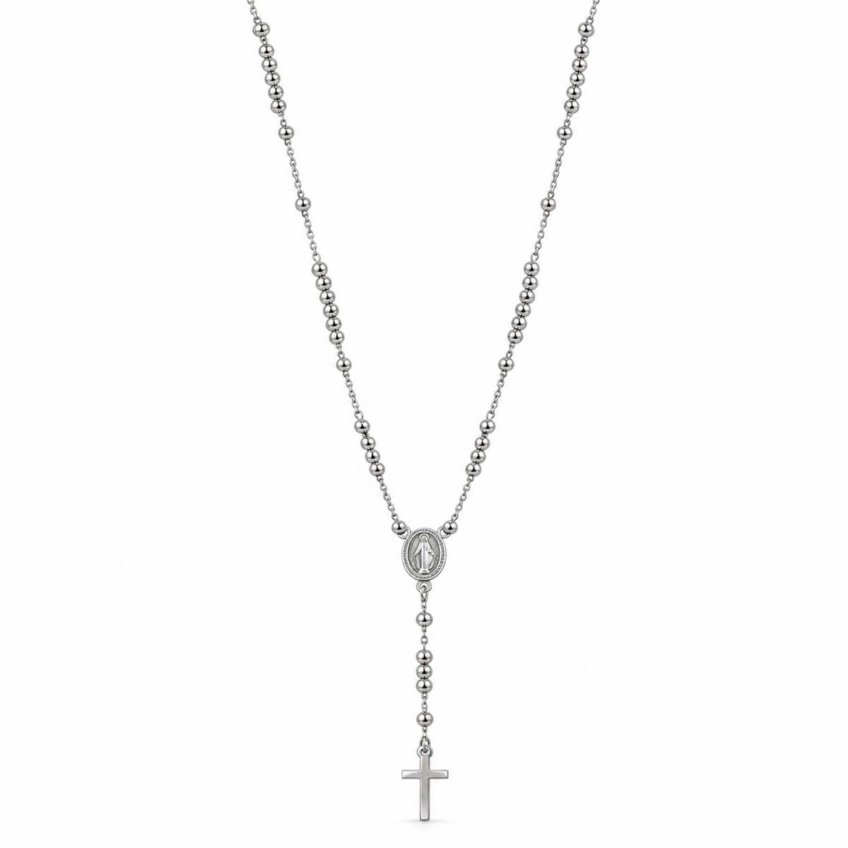 Silver rosary necklace with an oval Virgin Mary medallion and plain cross