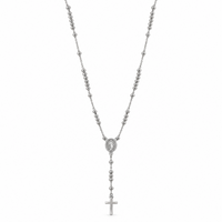Silver rosary necklace with an oval Virgin Mary medallion and plain cross
