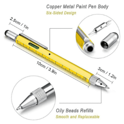 6-in-1 pen size guide with six-sided metal body and replaceable refill