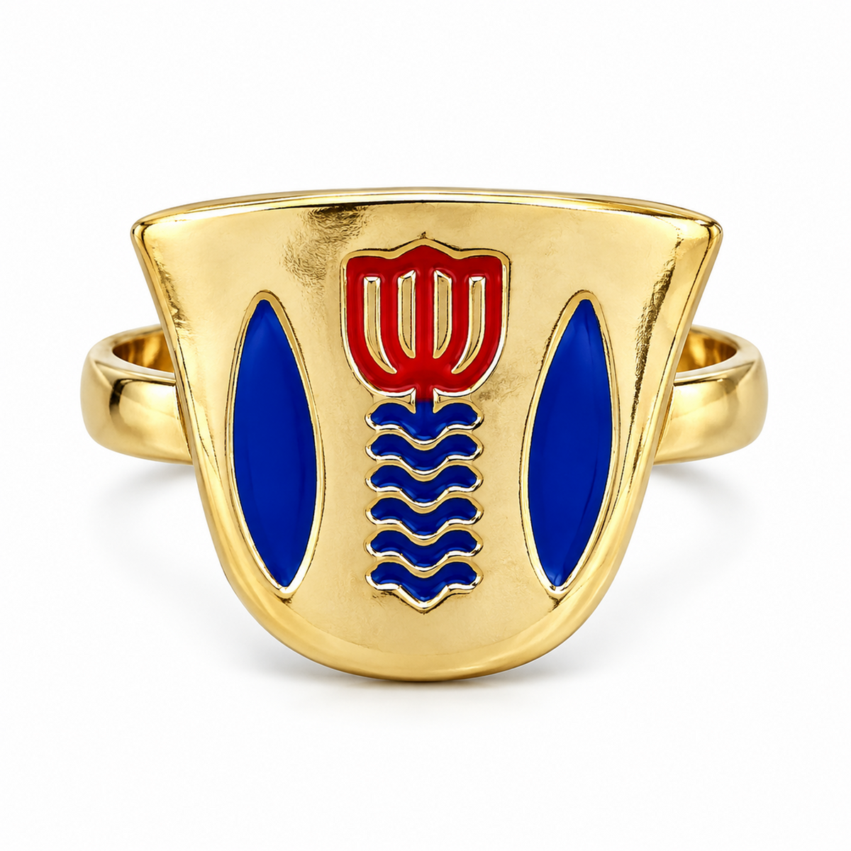 Gold-tone ring with a Lebanese coffee cup design in red and blue enamel
