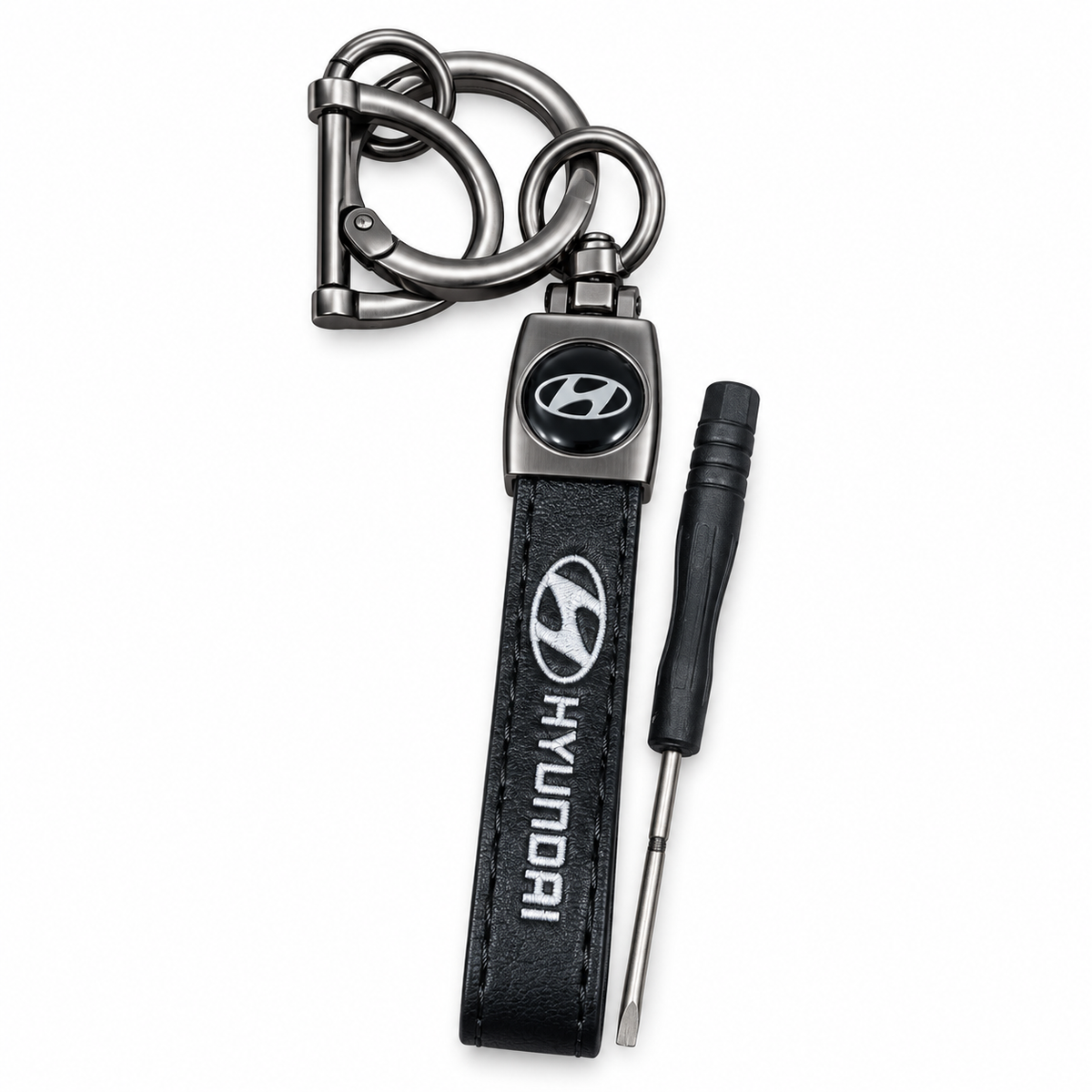 Hyundai leather keychain with metal clip and screwdriver
