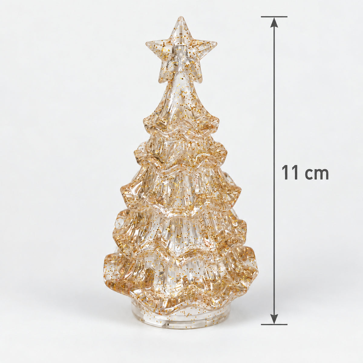 Gold glitter LED Christmas tree light measuring 11cm tall