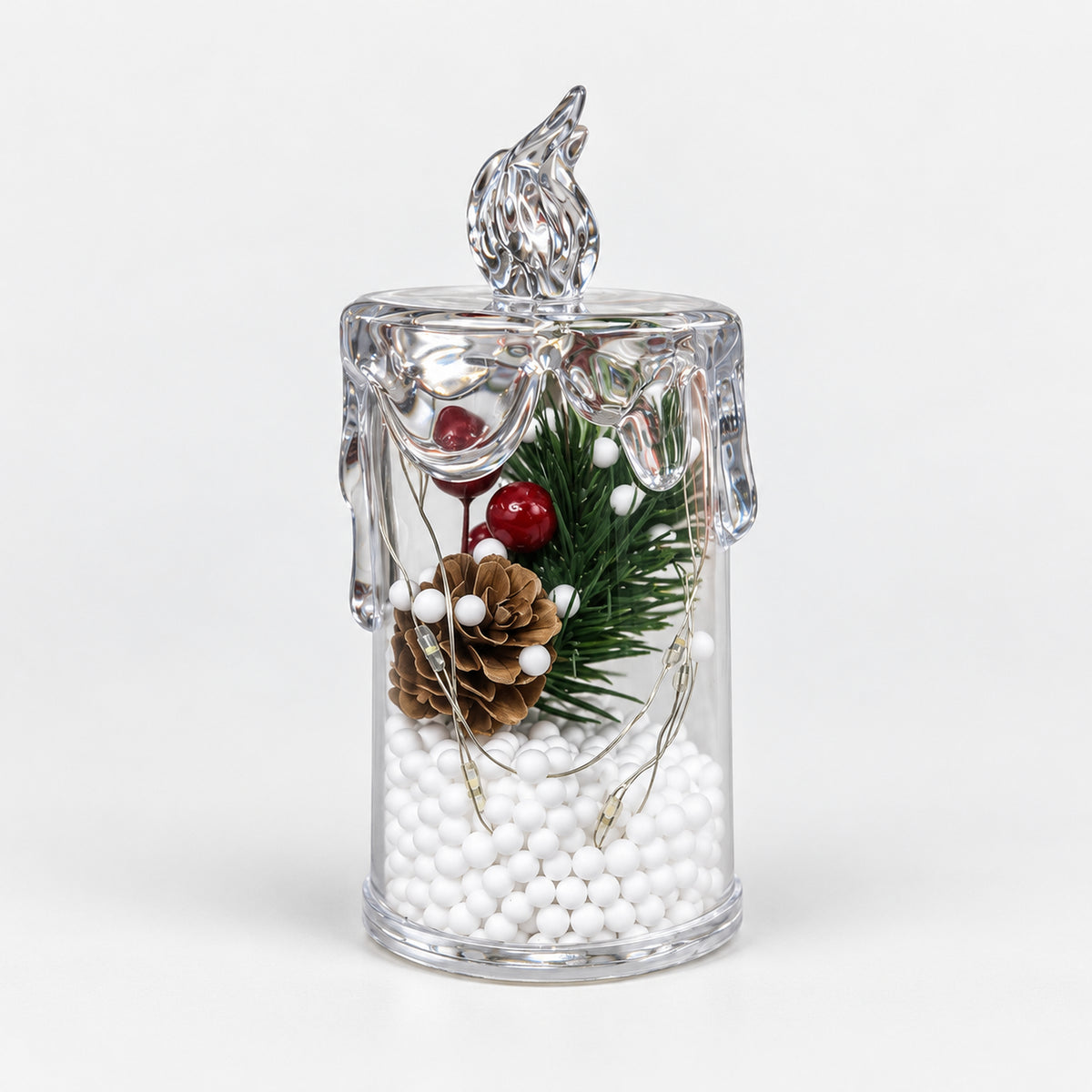 11cm clear candle lantern with snow beads, pine cone and red berries, switched off