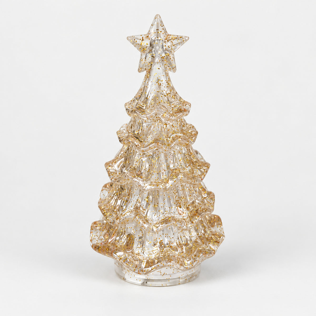 11cm clear Christmas tree with gold glitter and a star, switched off