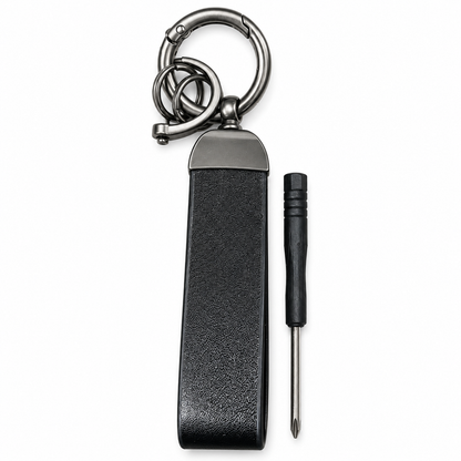 Black genuine leather keychain with titanium clip