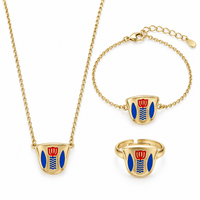 Lebanese coffee cup jewelry set with necklace, bracelet and ring in gold-tone with red and blue enamel
