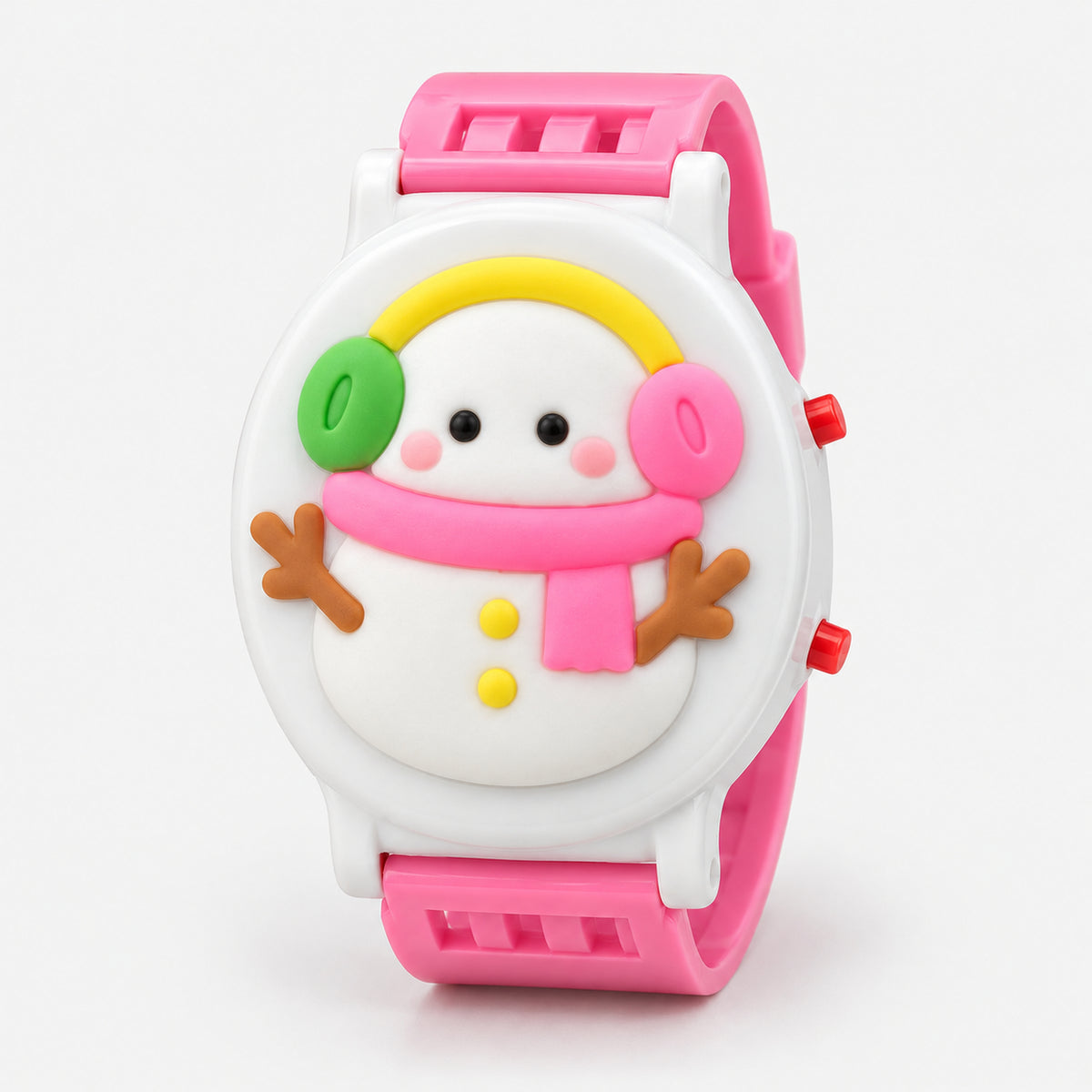 Kids' snowman with earmuffs Christmas watch, pink strap
