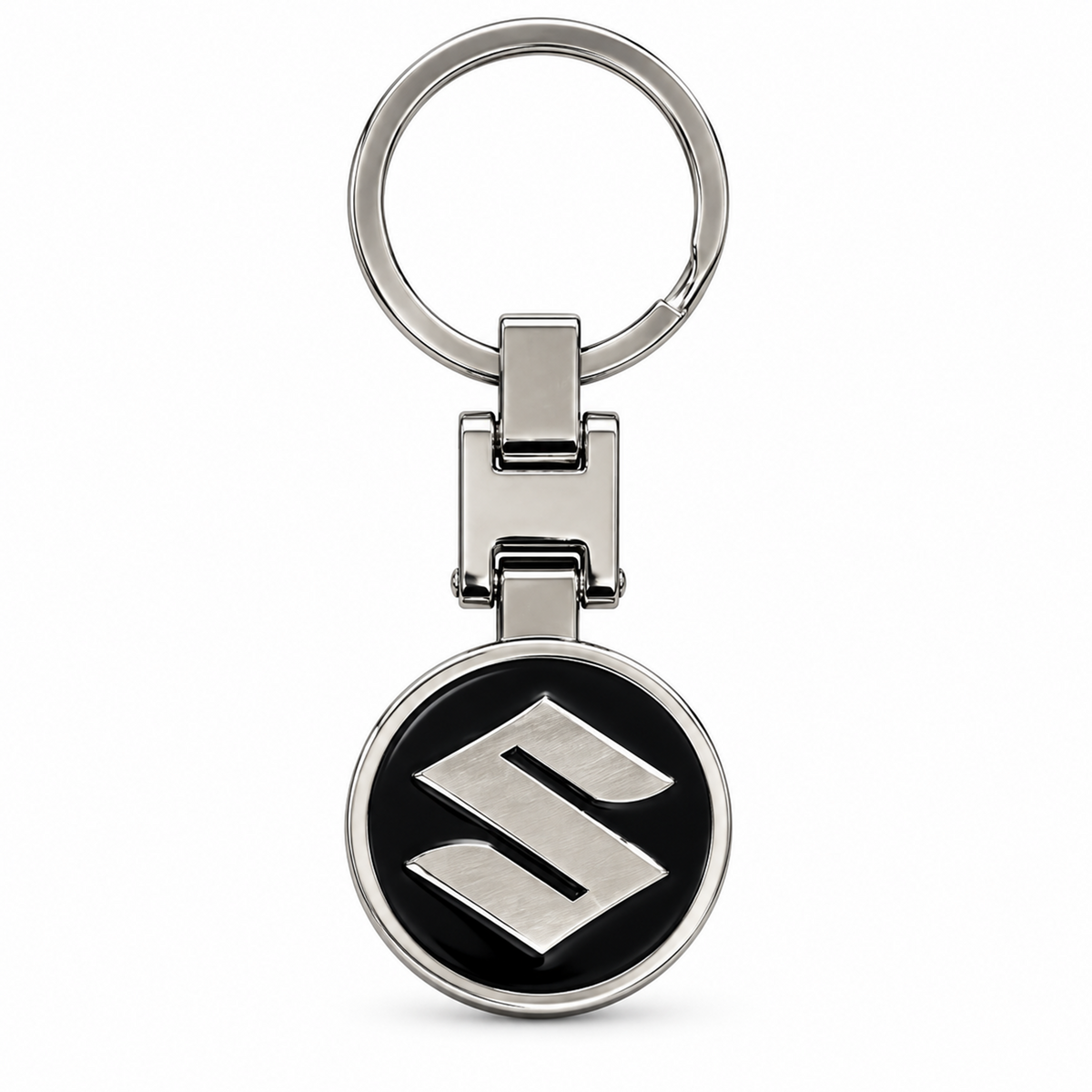 Metal car logo keychain with a round black logo and a silver S