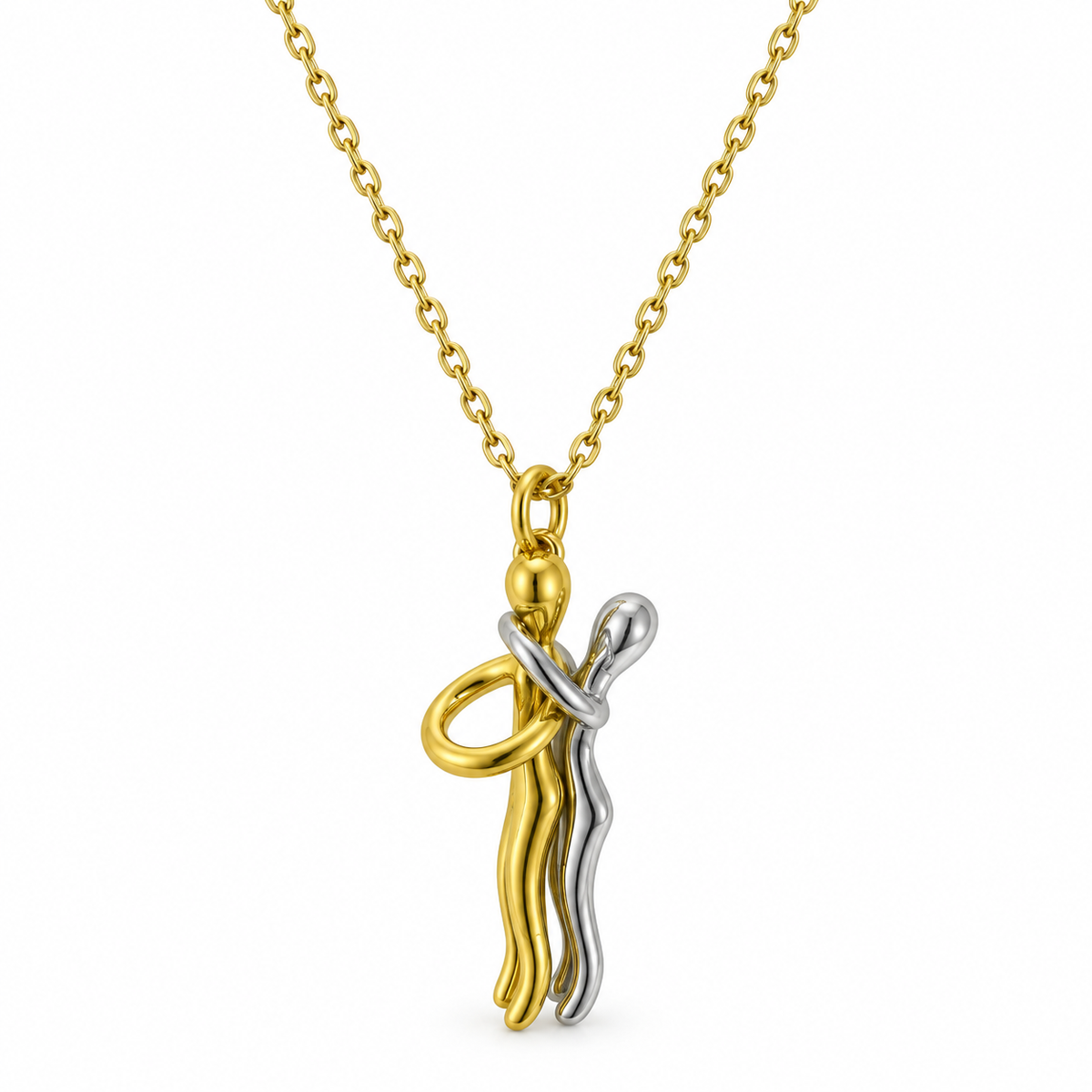Hug necklace with gold-tone and silver-tone figures in an embrace