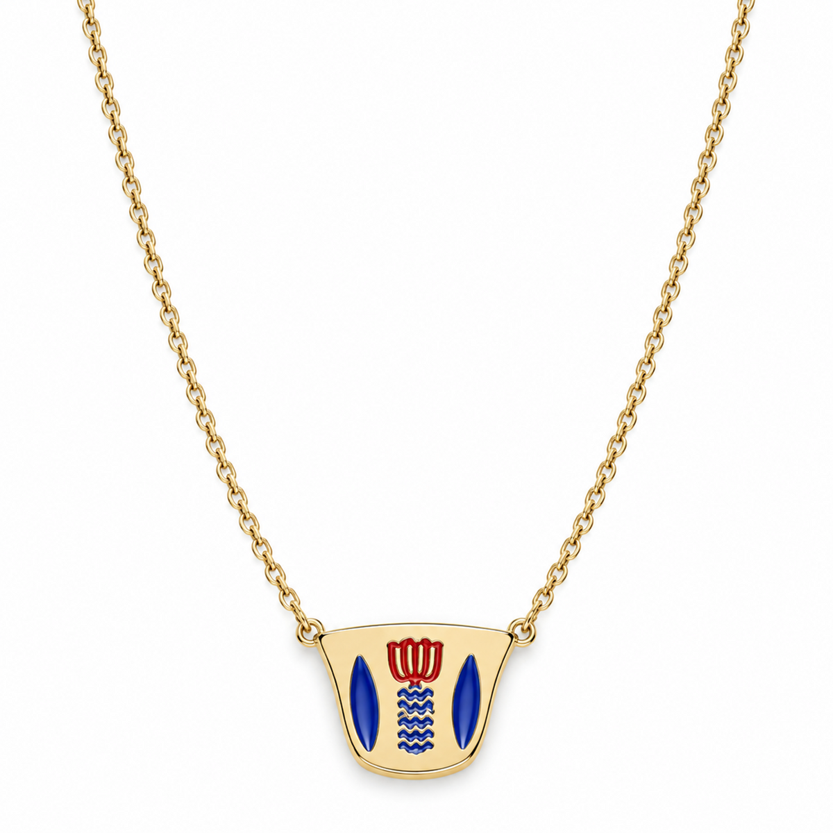 Necklace with a Lebanese coffee cup pendant in red and blue enamel