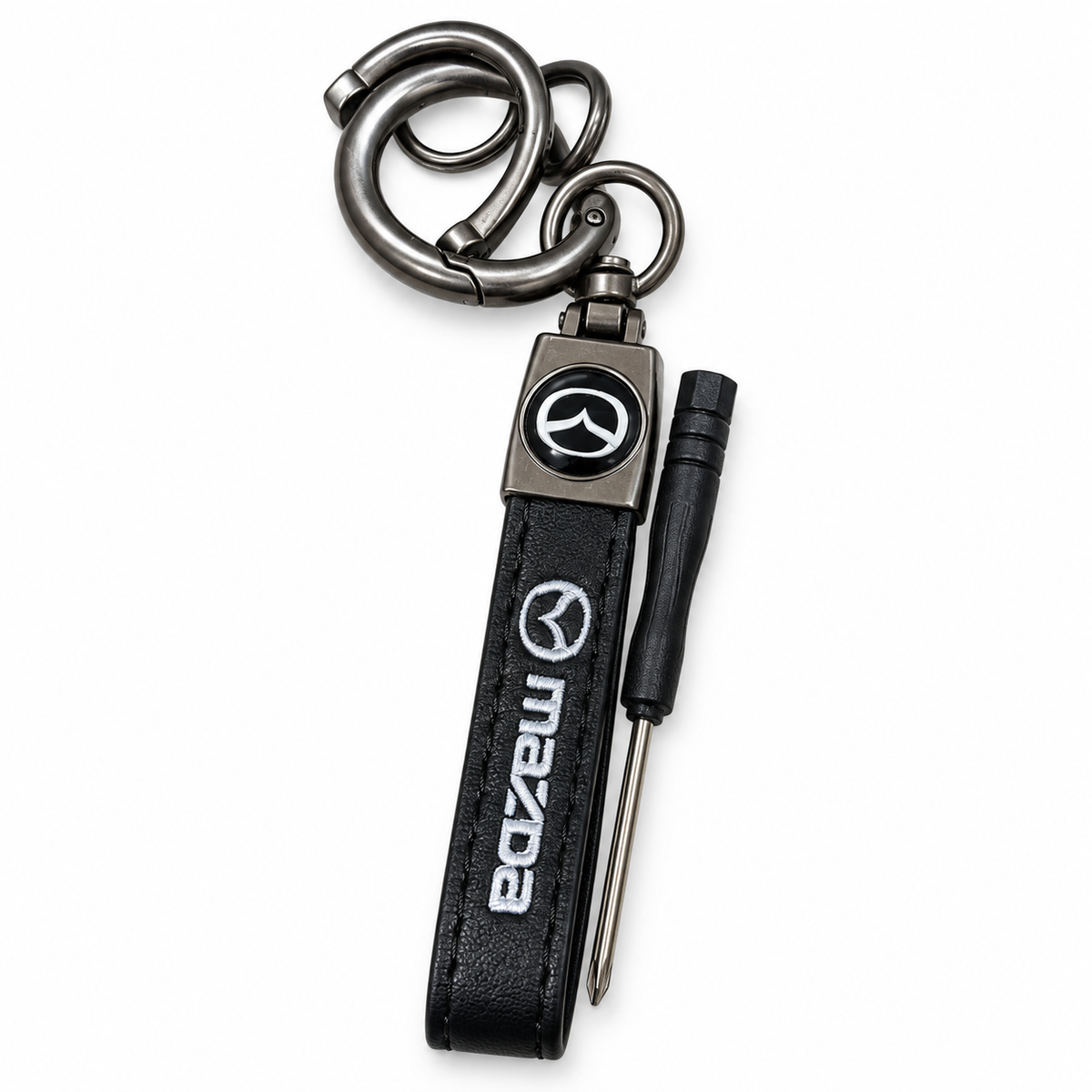 Mazda leather keychain with metal clip and screwdriver
