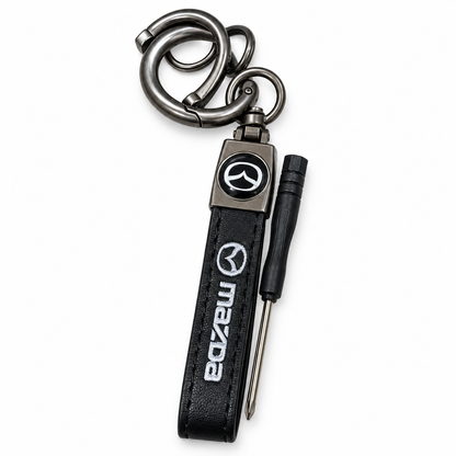 Mazda leather keychain with metal clip and screwdriver