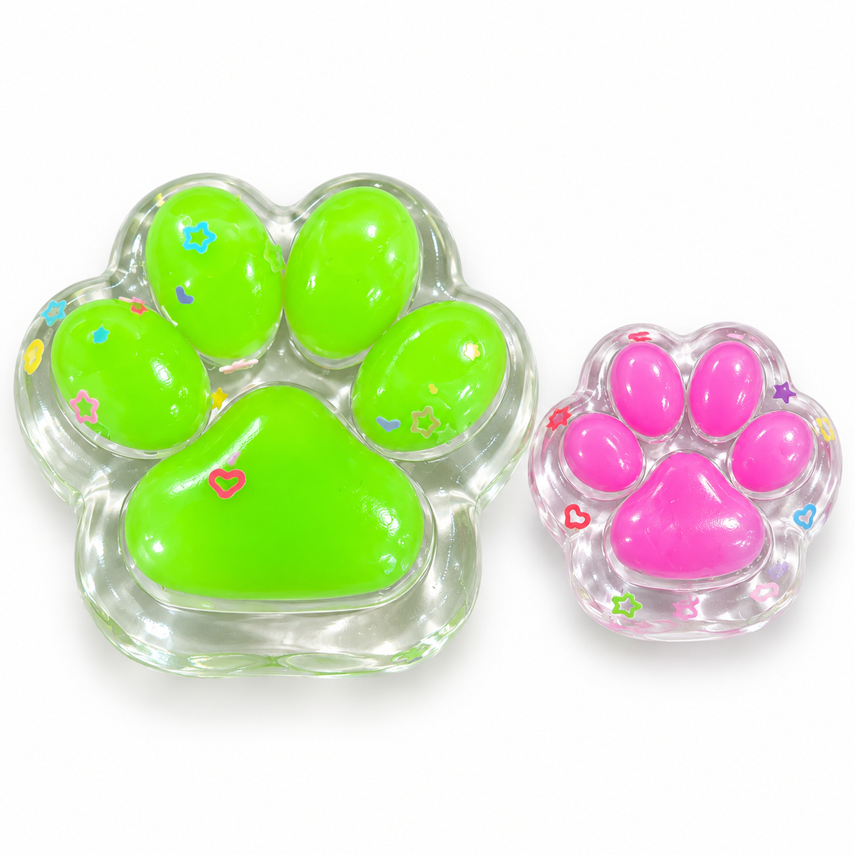 Green jelly cat paw squishy with a pink mini paw