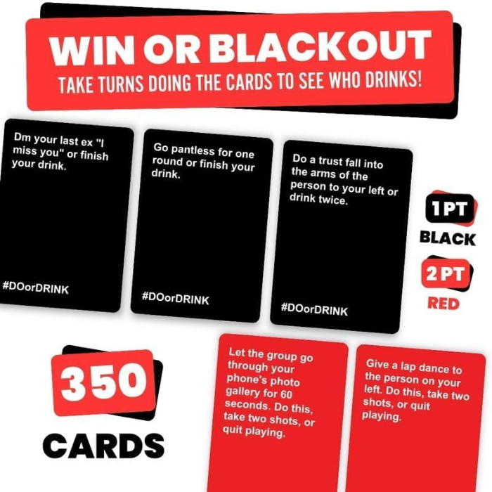 350 DO OR DRINK cards, black cards worth 1 point and red cards 2