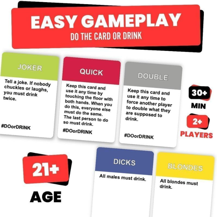 DO OR DRINK card types, for 2+ players aged 21+, 30+ minutes