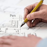Writing on plans with the yellow 6-in-1 multifunctional pen