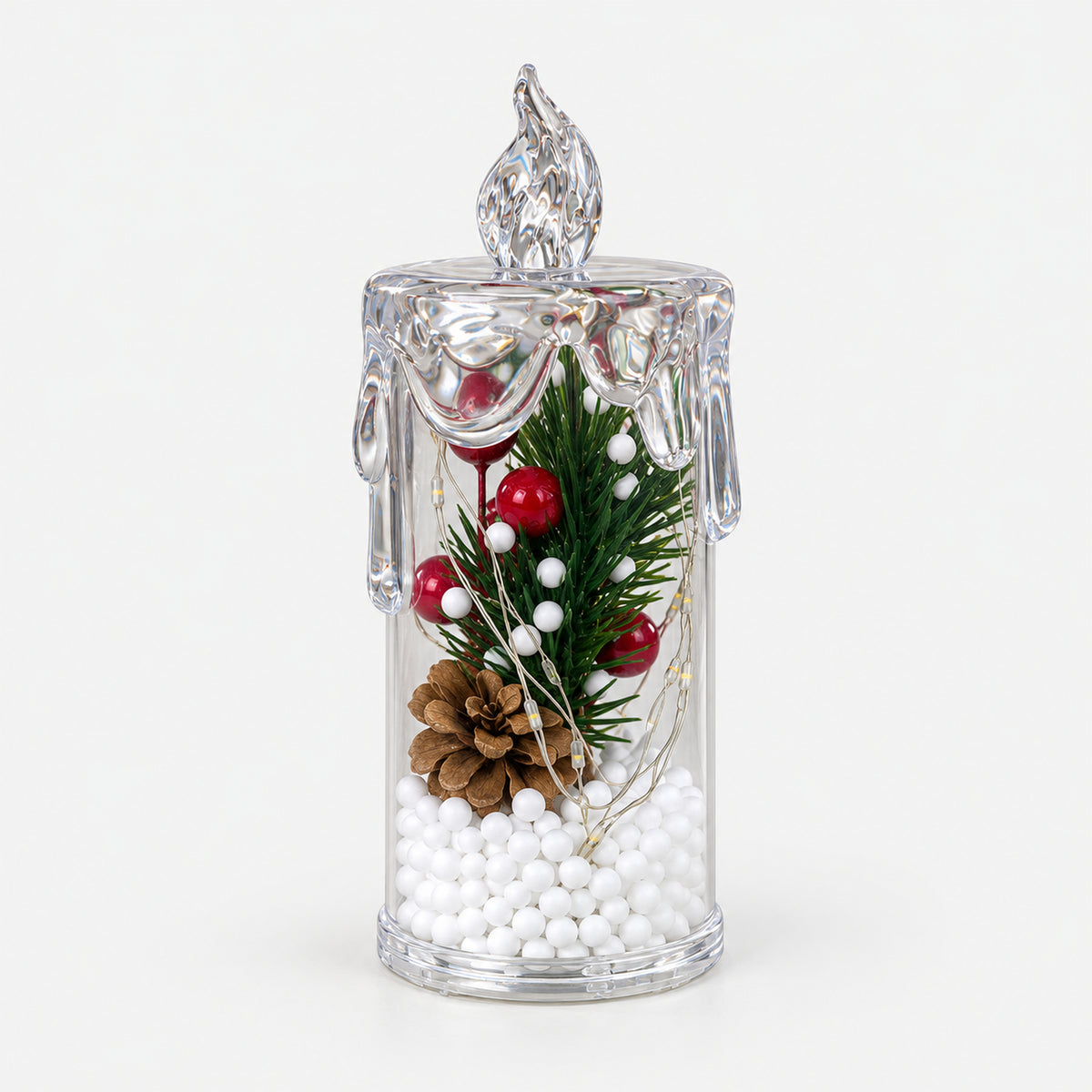 13cm clear candle lantern with snow beads, pine cone and red berries, switched off