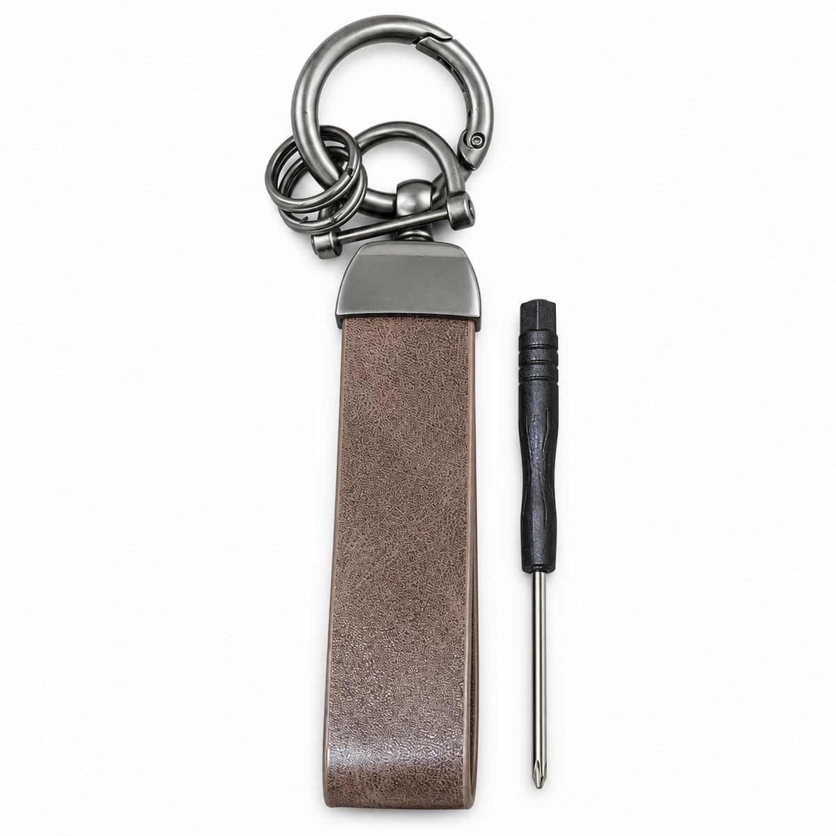 Brown suede genuine leather keychain with titanium clip
