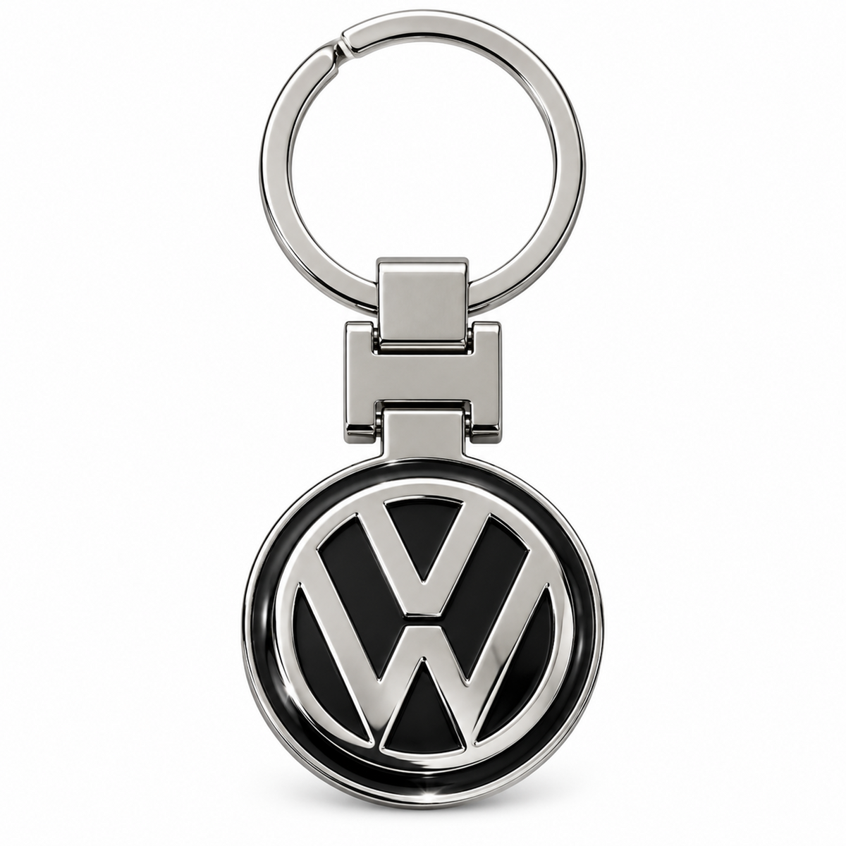 Metal car logo keychain with a round black and silver logo