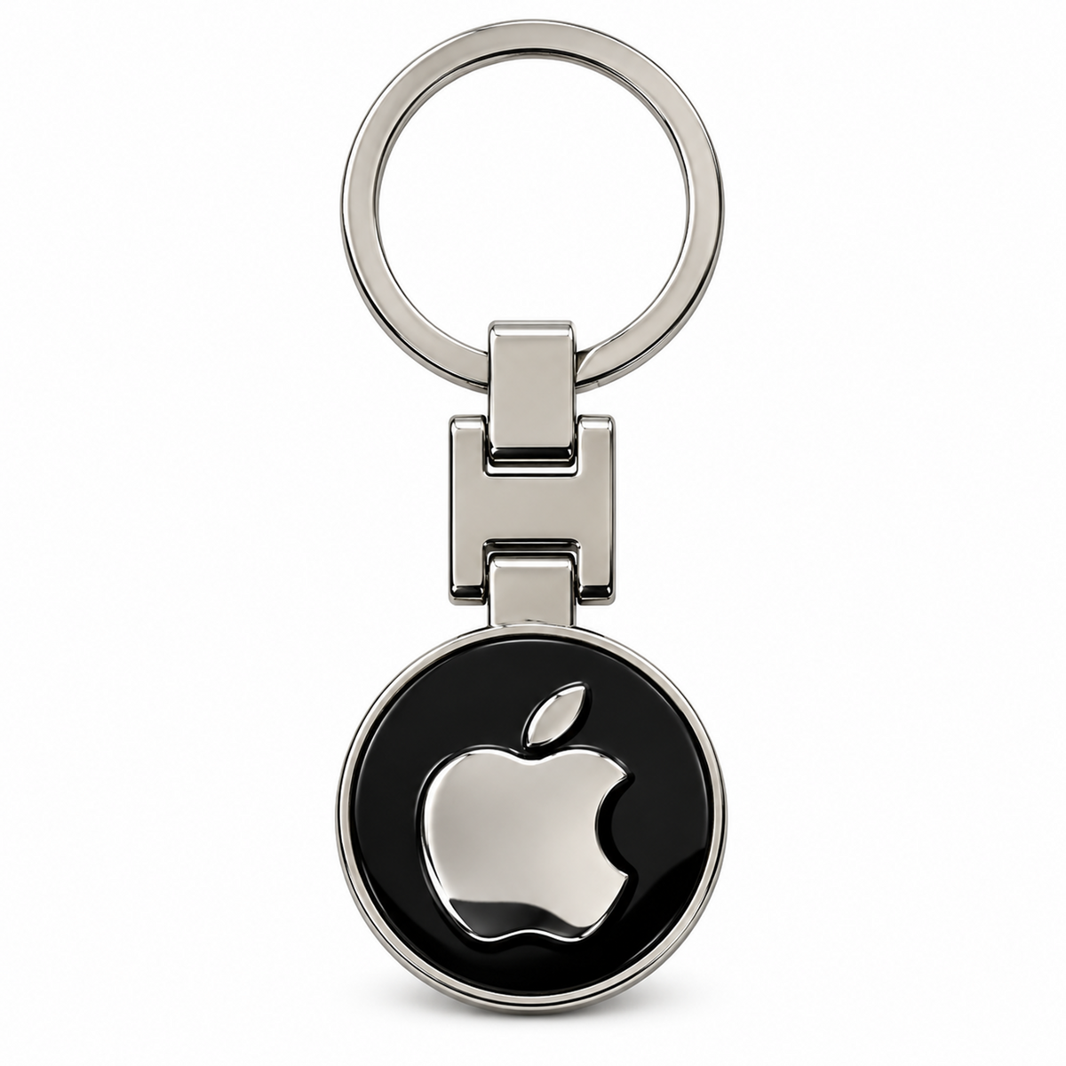 Metal logo keychain with a round black tech logo