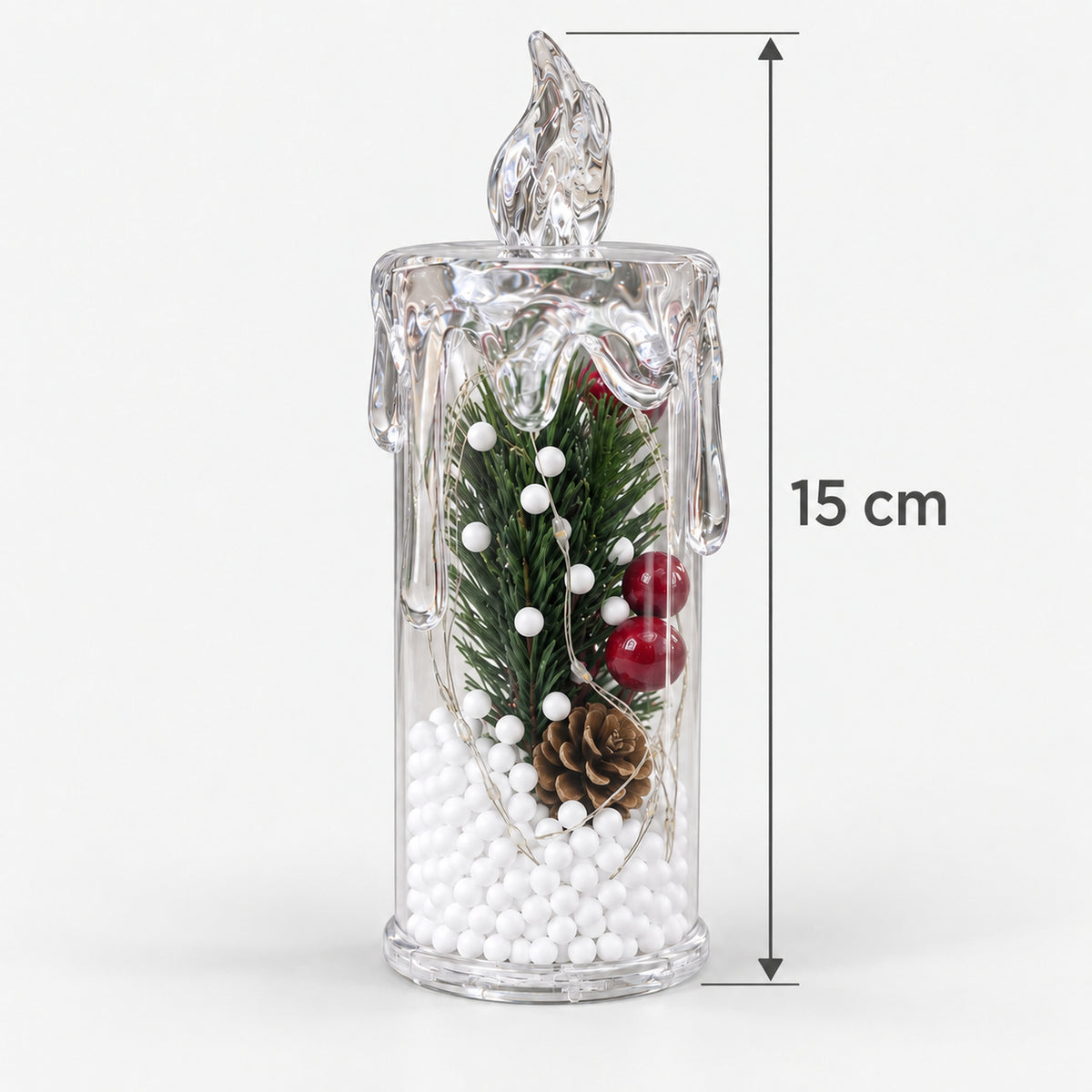 Pine cone LED candle lantern measuring 15cm tall