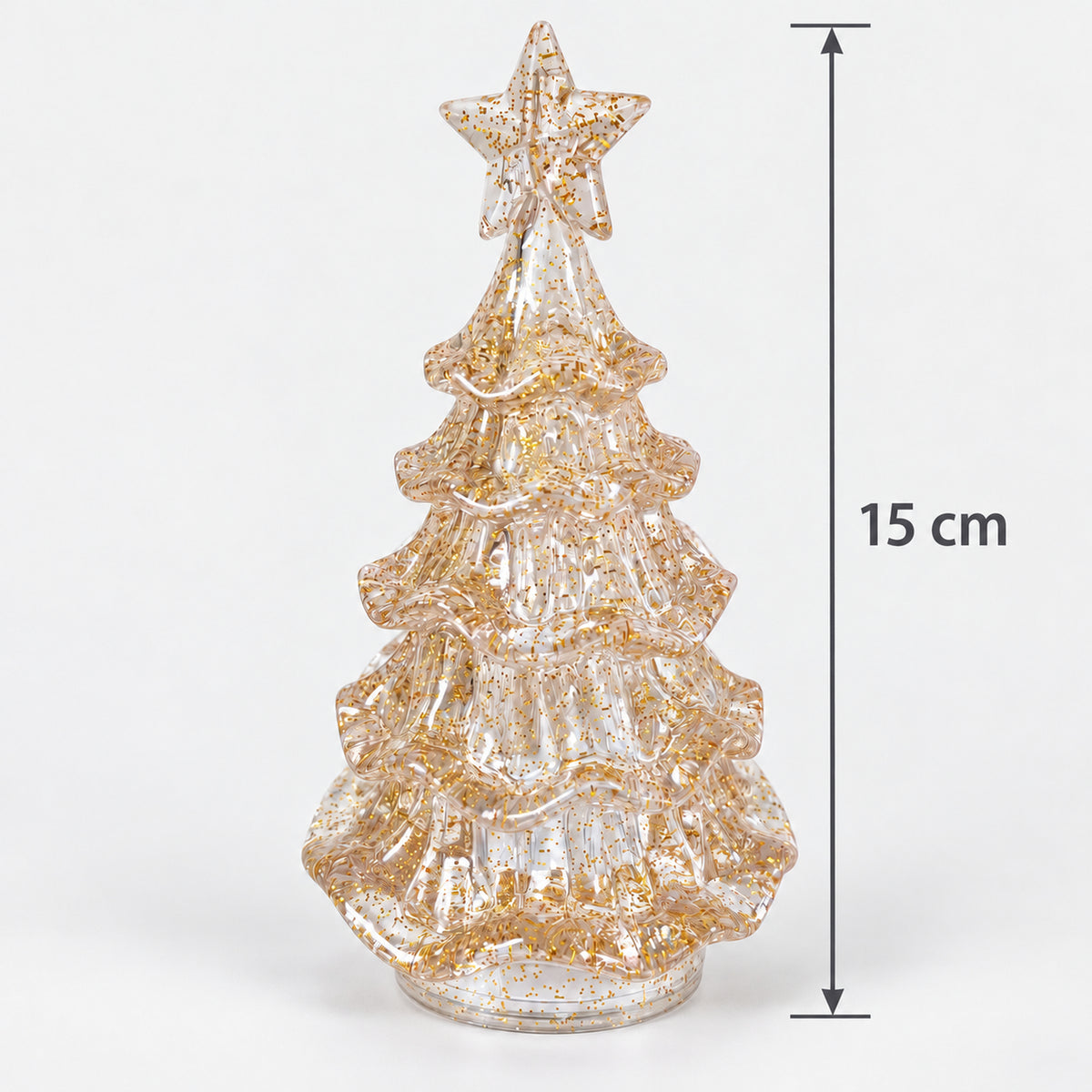 Gold glitter LED Christmas tree light measuring 15cm tall
