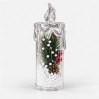 15cm clear candle lantern with snow beads, pine cone and red berries, switched off