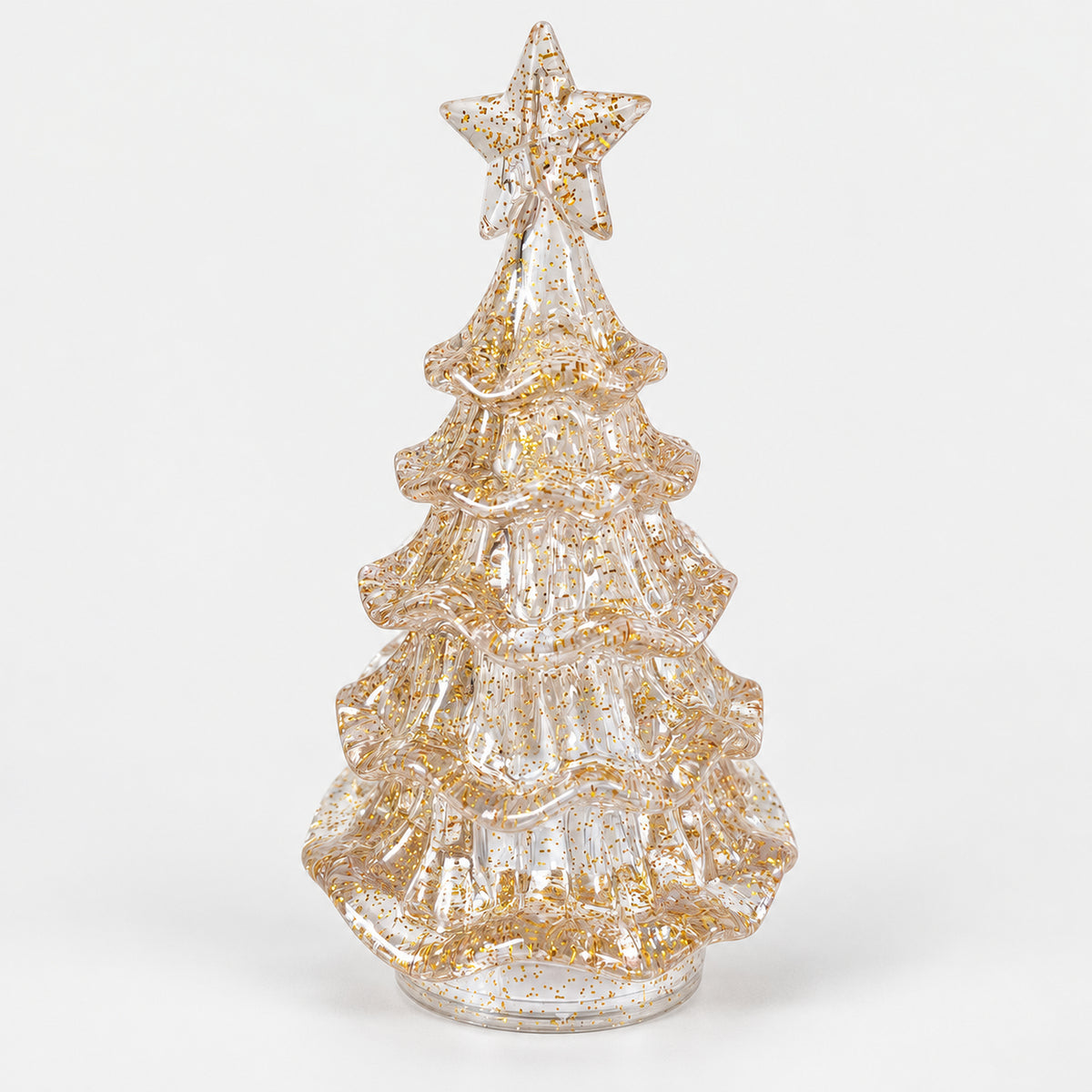 15cm clear Christmas tree with gold glitter and a star, switched off