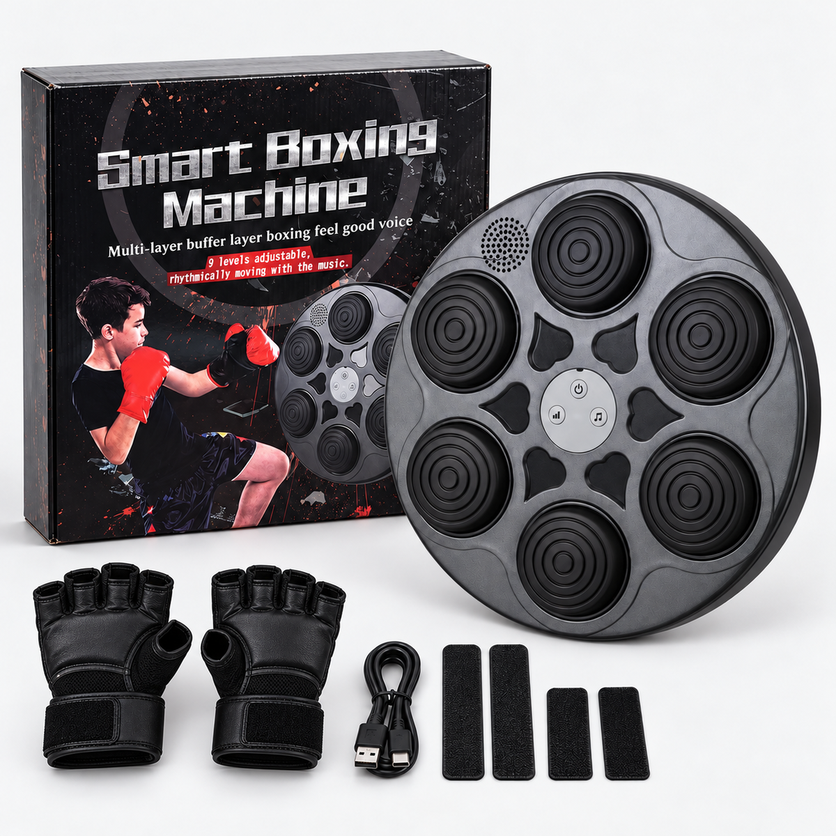 Smart music boxing machine kit with box, a pair of training gloves, USB cable and mounting strips