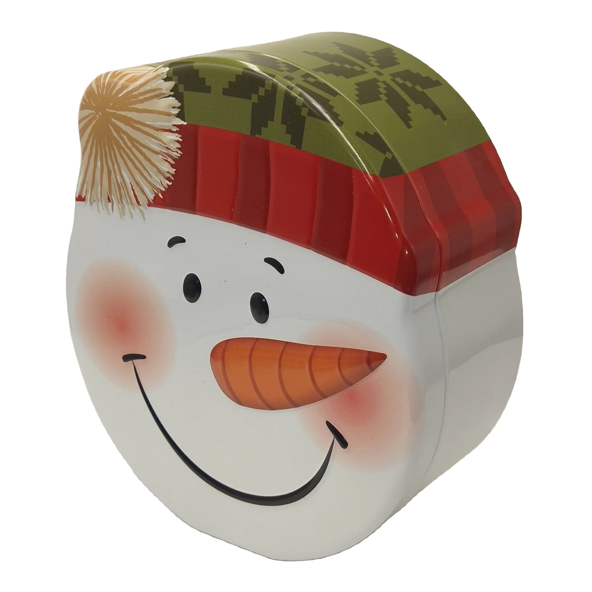 Snowman face Christmas tin box with green knitted hat