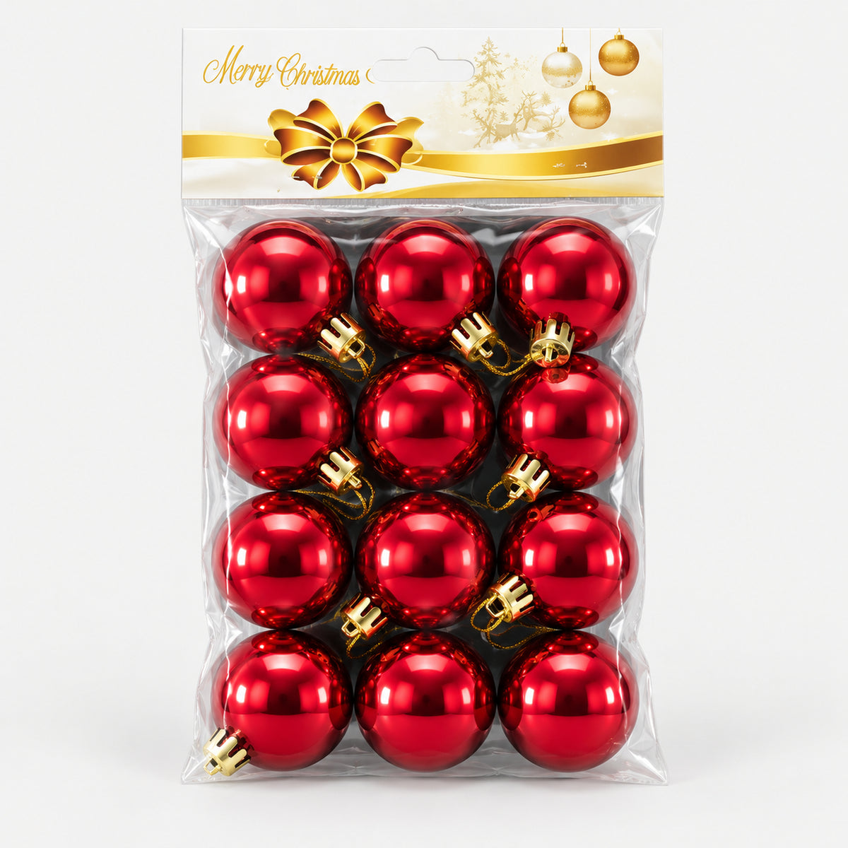 Pack of 12 shiny red Christmas balls, 6 cm, in its packaging