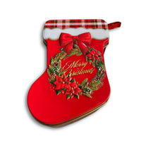 Red stocking Christmas tin box with plaid cuff and bow